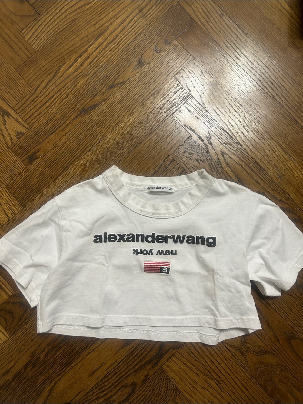 Alexander Wang White Cropped Logo Tee with Red Accent